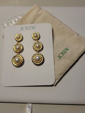 Nwt J. Crew Gold and Pearl Triple Drop Statement Earrings With Dust Bag.